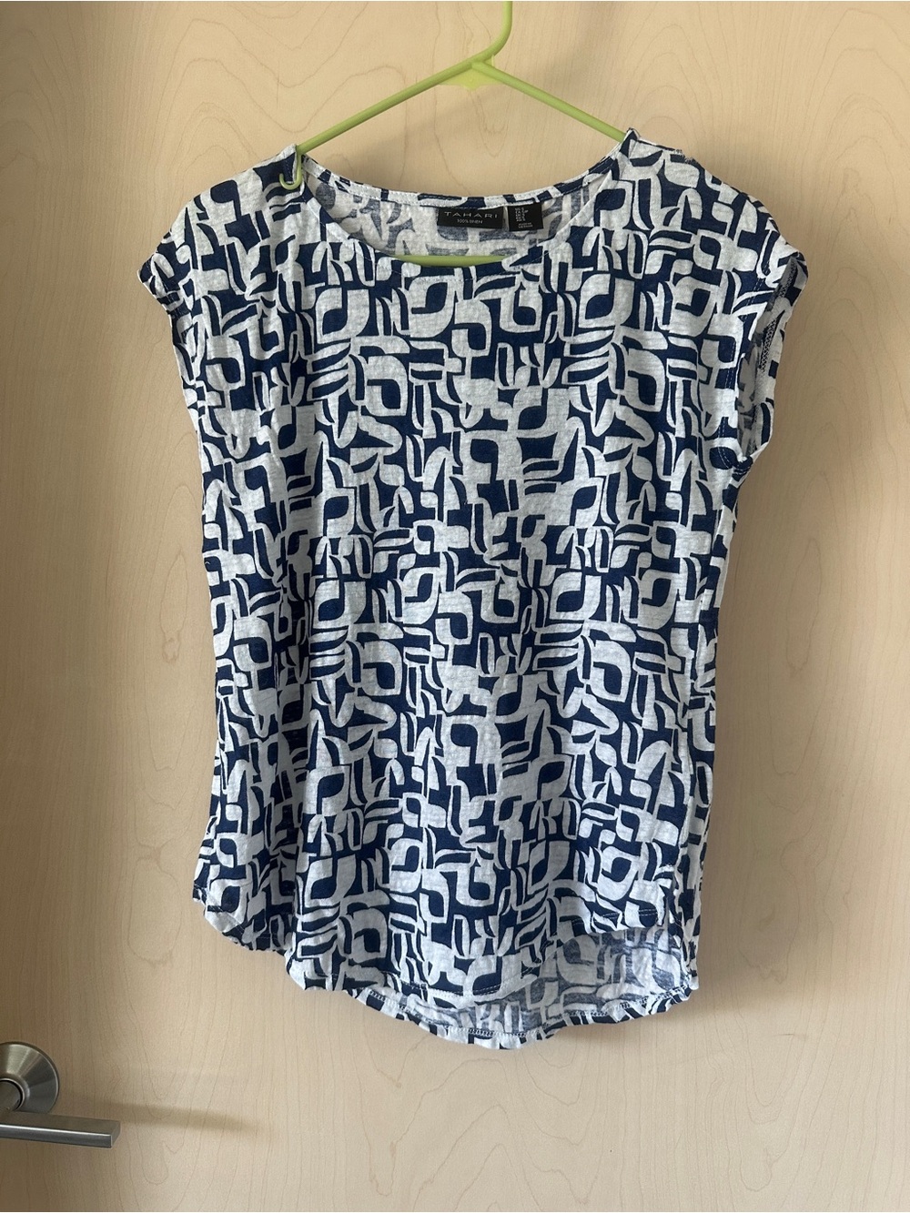 Tahari Linen Artsy Geometric Cap Sleeve Top Small Coastal Blue White Elevated